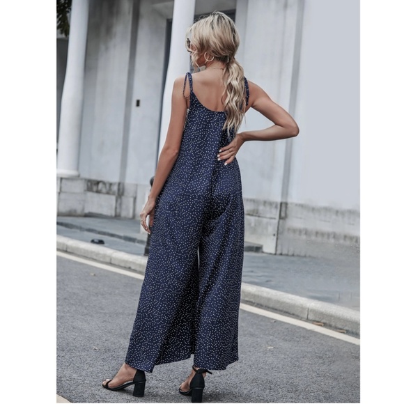 Tie Shoulder Polka Dot Navy Blue Wide Loose Fitting Jumpsuit - Picture 3 of 8